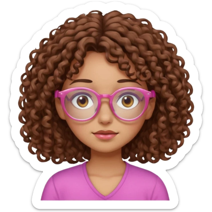 Curly brown haired girl with brown eyes, transparent-pink glasses frames, sleepy, slightly tan skin sticker