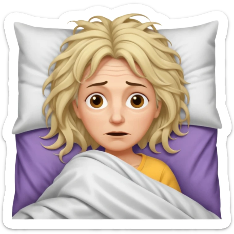A 55-year-old woman lying in bed. She looks exhausted and desperate, with visible dark circles under her eyes, tired facial expression. sticker