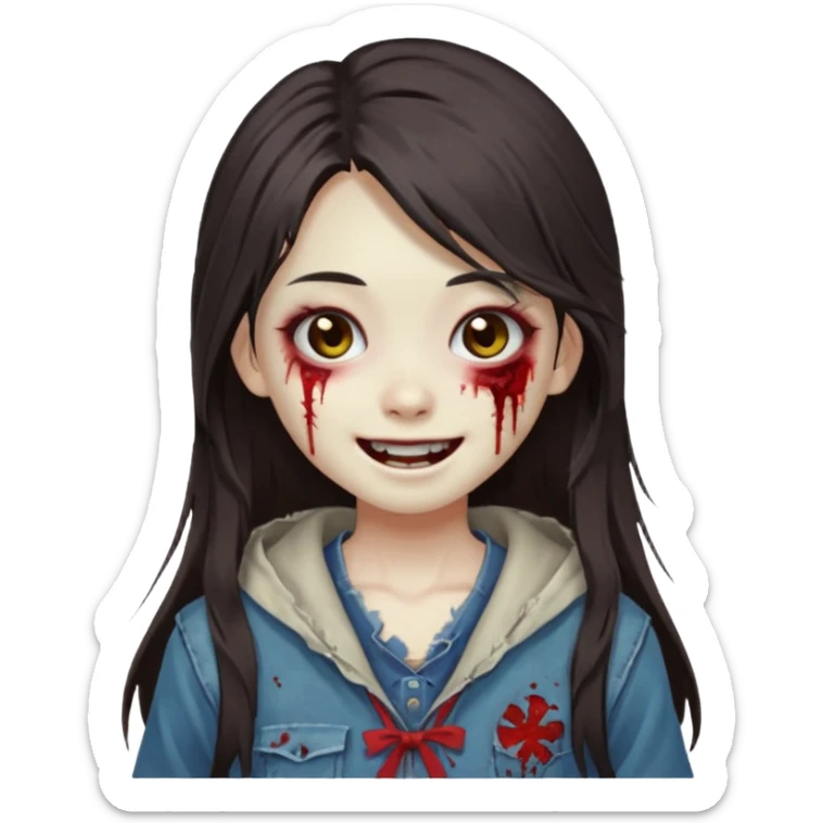 Japanese zombie girl smiling and long dark brown hair sticker