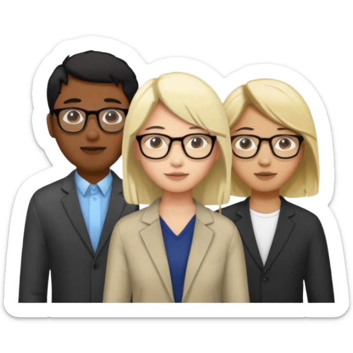 four people. Asian girl, black guy with glasses and dyed blonde hair, indian guy with glasses, asian guy sticker