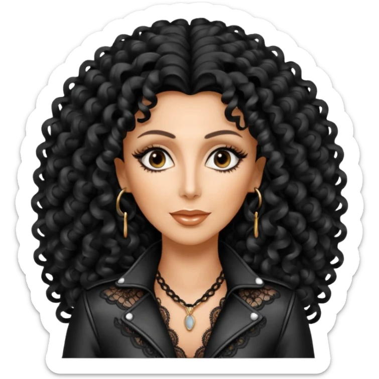 realistic cinematic singer Cher in a typical naked attractive outfit with leather and lace, huge curly hair like in the video If I Could Turn Back Time sticker