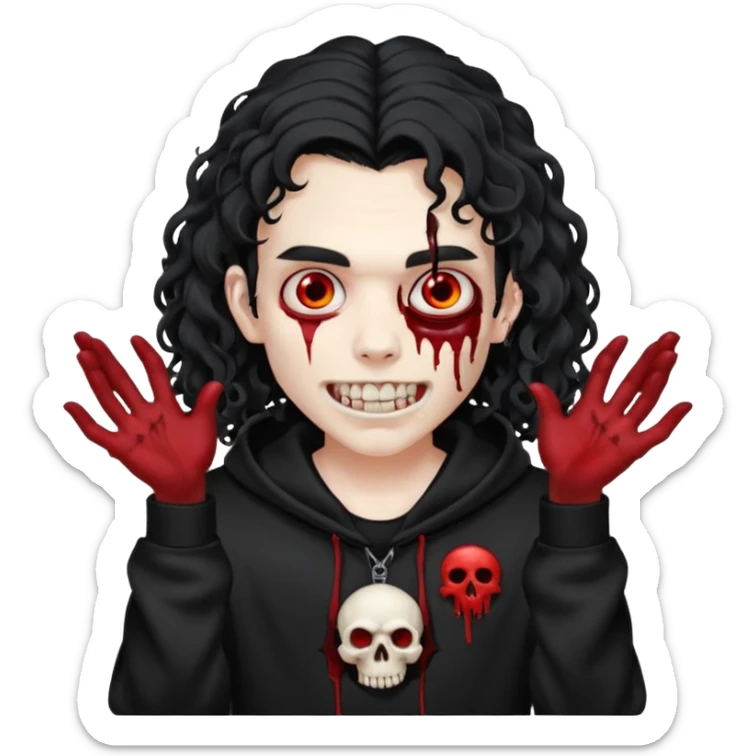 Vampire wearing a black hoodie with a skull logo on it, long curly hair that covers the forehead, fanged teeth and blood on hands sticker