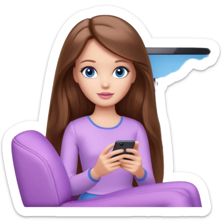 beautiful barbie girl with long brown hair, blue eyes and wearing light purple clothes watching netflix on tv sticker