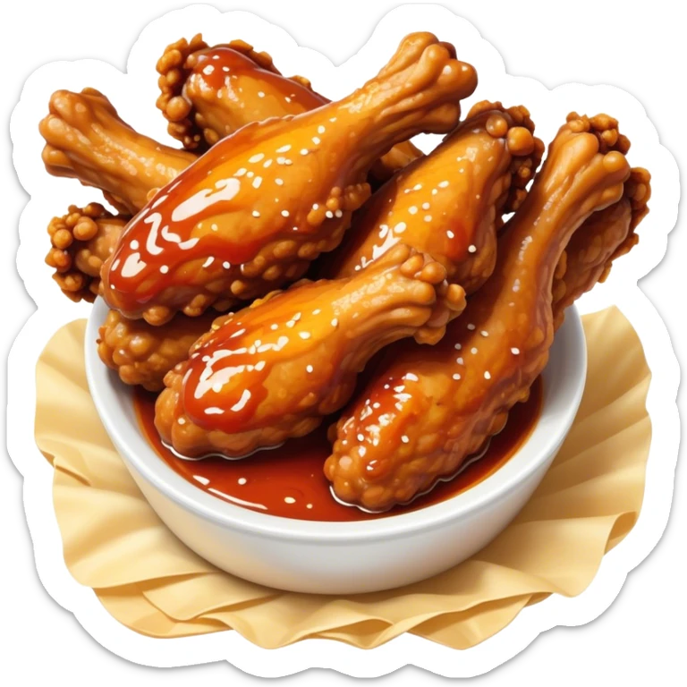 Cinematic crispy chicken wings, golden-brown and glazed with spicy sauce, crunchy coating, juicy inside, piled high with dipping sauce on the side, ultra-realistic and mouthwatering, inviting and bold. sticker
