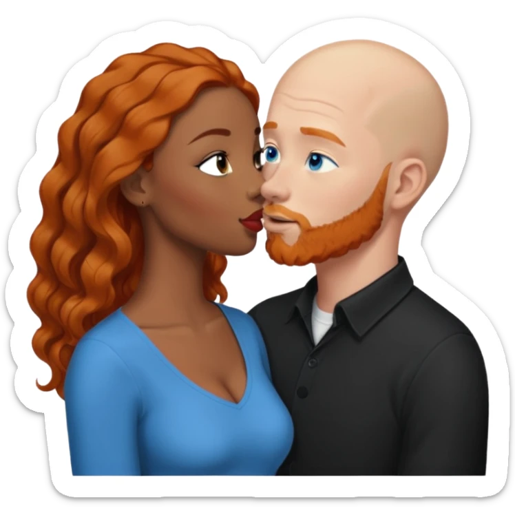 Bald white male with ginger beard and blue eyes kissing African American brown woman with black wavy hair sticker