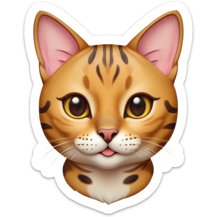 Cinematic Cute Bengal Cat Portrait Emoji, Head tilted playfully and inquisitively, sleek spotted brown and gold tones, Simplified yet adorable features, highly detailed, glowing with a warm, friendly glow, high shine, curious and affectionate, stylized with a touch of whimsy, bright and alert, soft glowing outline, capturing the essence of a mischievous yet loving kitten, so endearing it feels like it could pounce out of the screen and play! sticker