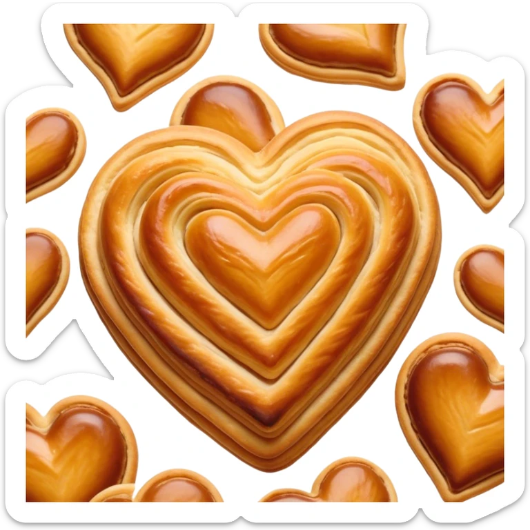 Cinematic crisp palmier, golden-brown heart-shaped pastries, perfectly caramelized layers, delicate and flaky, warm glowing background, inviting and delicious. sticker