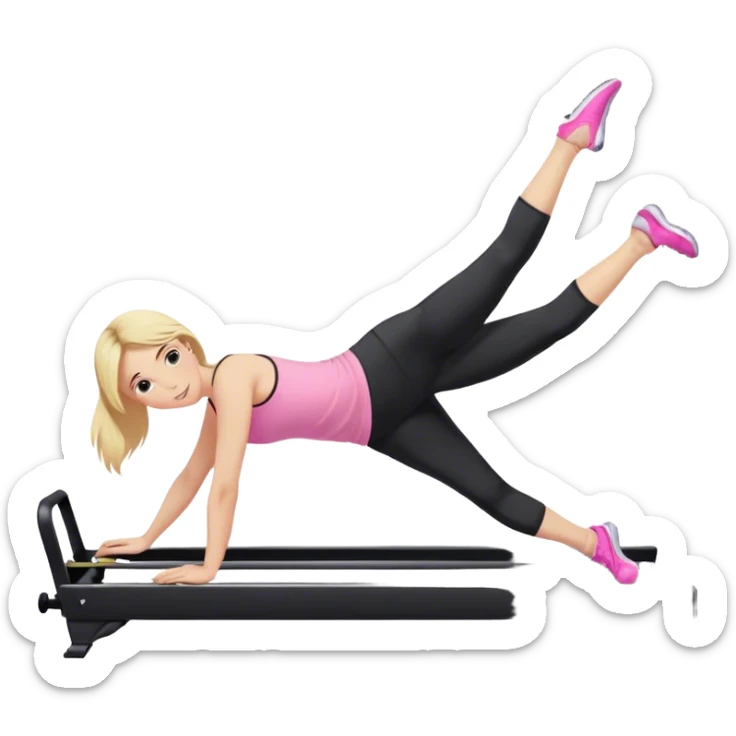 Woman on reformer doing a side plank with black leggings and pink singlet, blonde hair sticker