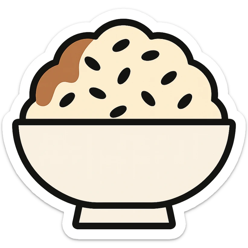 A bowl of rice topped with black sesame seeds and soy sauce, white bowl sticker