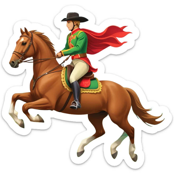 An icon showcasing a majestic horse and rider in full gallop across a lush green field. The background features a clear sky, distant mountains, and a vibrant landscape. The rider wears traditional gear, while the horse leaps with grace and power.  sticker
