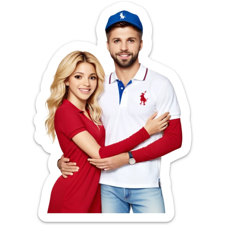 Shakira with blue eyes and her husband  Gerard pique with blue eyes holding her in his armsThey both laugh at each other its romantic&he wears a nice polo from Ralph Laurent in white& a nice baggy jeans with 97 Nike sneaker. She is wearing a romantic feminine short red dress with white open heels  sticker