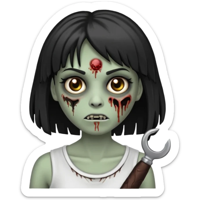 Faz uma zombie feminina com a pele clara igual de zombie, mas não tão clara, deixa ela com a clavícula marcada, cabelo comprido preto e com franja, sombracelha FINA e faz um risquinho na sombracelha do lado esquerdo. Não se esquece de colocar uns machucados no rosto dela sticker