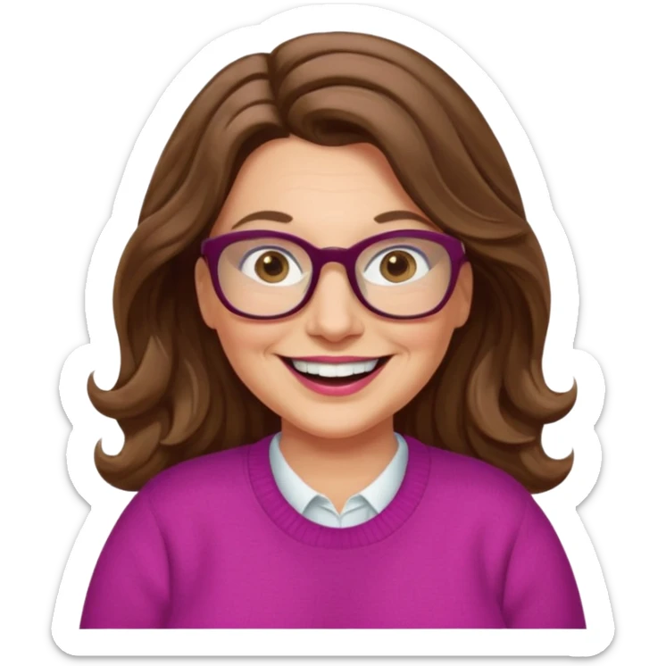 50 yr Caucasian woman, long brown hair parted on side, brown eyes, glasses, big smile, white teeth, fuscia sweater, chubby, wavy hair sticker