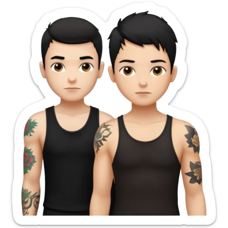 generate a fair boy with messy black hair, tattoos. standing beside a fair black haired girl wearing a black cami top and a boy with a buzz cut  sticker