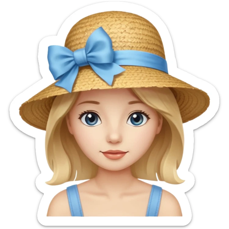 Beautiful woman wearing a straw hat with a light blue ribbon and bow sticker