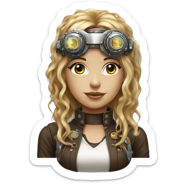 Brown long hair with blonde steaks female cyborg head, fair skin, steampunk goggles and circuits sticker