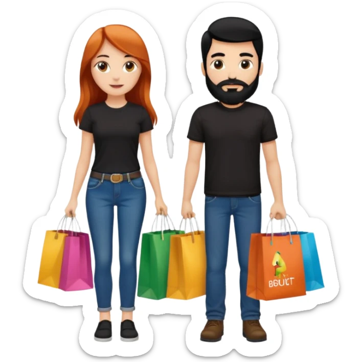 Chica blanca con cabello cobrizo largo y chico con cabello y barba negra los dos de contextura media los dos vestidos de jeans y camiseta negra con bolsas de compras de colores con letrero que diga comprado  sticker