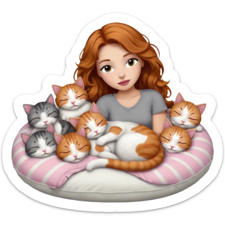 girl with long wavy brown hair, long lashes makeup, sexy pink lips, light to medium complexion,  sleeping on a cozy pillow, with 6 cats: 1 ginger/white, 1 grey with white paws, 1 calico, 2 grey and white and one tabby and white sticker