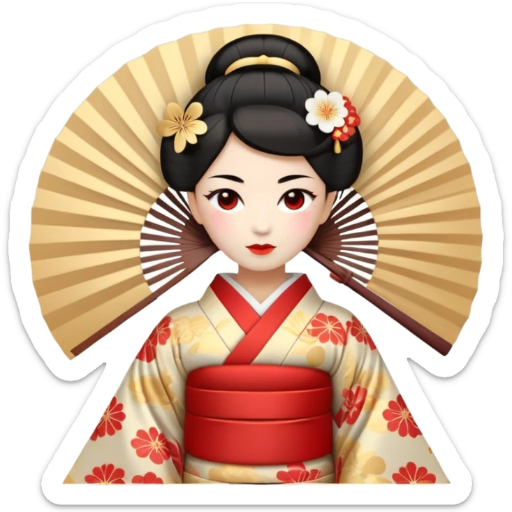 Create a unique emoji inspired by the Japanese Shinguhotzudai era — blending traditional Japanese elements (such as kimono, fans, geisha, samurai) with modern abstract motifs typical of Shinguhotzudai. The facial expression should be emotional yet subtle, with soft animation effects. Use a pastel color palette with highlights of red and gold. Style should be minimalist, elegant, and emphasize inner harmony and strength. sticker