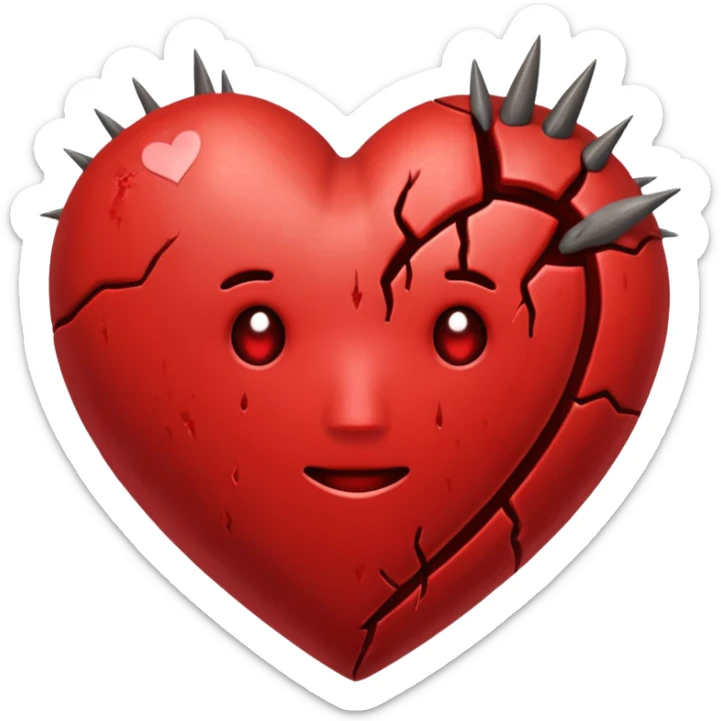 Un corazón humano roto con grietas  sangrando y expulsando sangre rodeado de vendas y tiritas que se despegan sin hacer efecto sticker