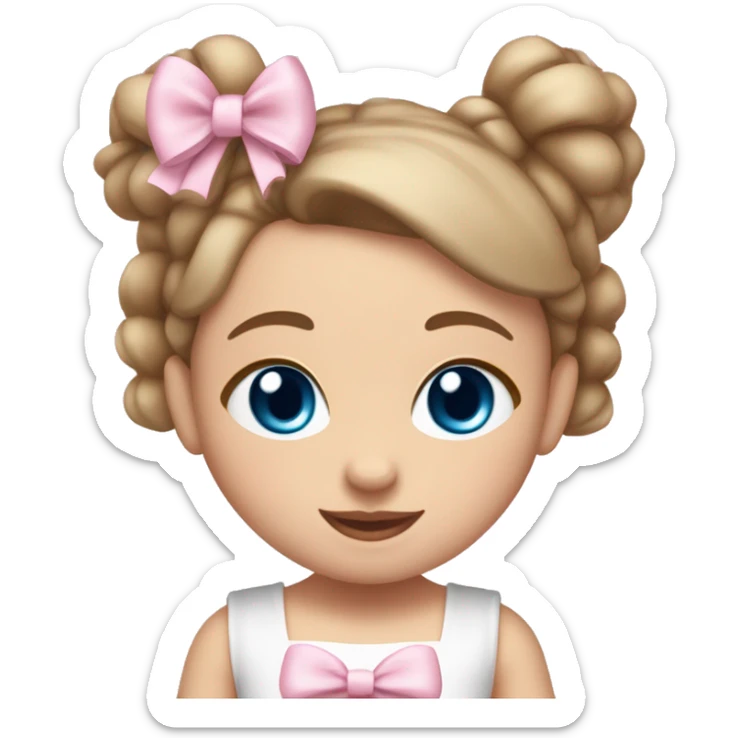 Little  babygirl with White skin, blue eyes. Light Brown hair in two ponytails, with light pink bows.  She is wearing a light pink and White dress, holding a teddybear with a pink bow. sticker