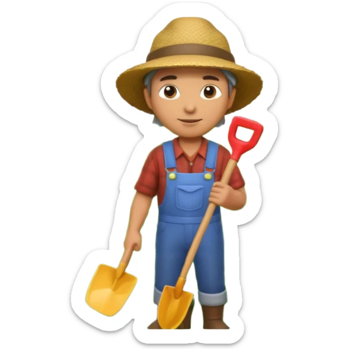 A 3D cartoon farmer standing in a green field with crops, wearing a hat and holding a shovel, bright sunlight, soft shadows, realistic Memoji-style rendering. sticker