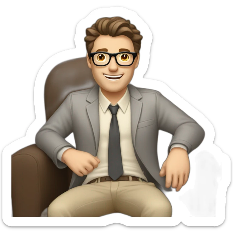 Joyful thrumb up Pale skinned Fit Man With dark brown hair in gray jacket, beige office shirt, Brown pants and vintage glasses sitting In a soft chair sticker