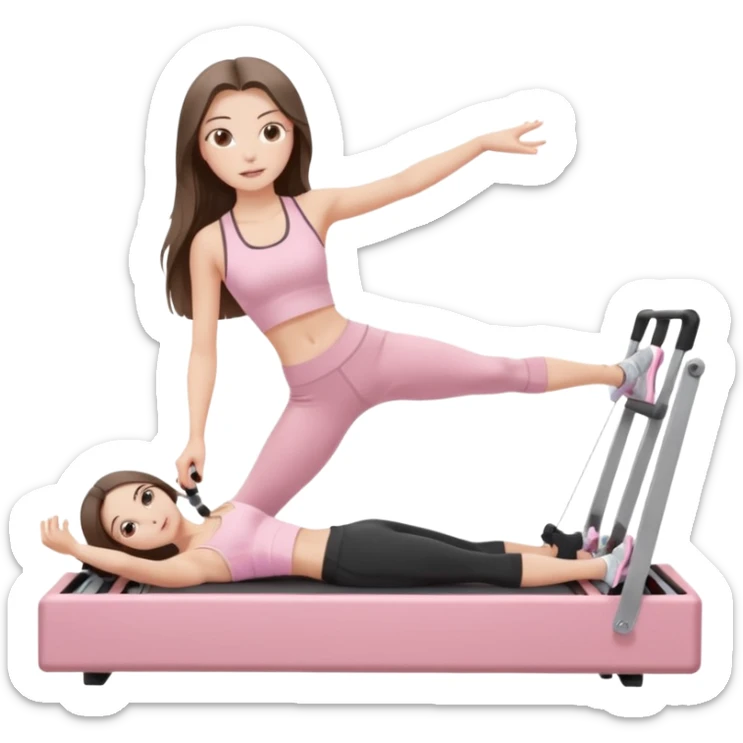 pretty white brunette teen long hair with hazel eyes and a small waist in light pink workout clothes on a pilates reformer sticker