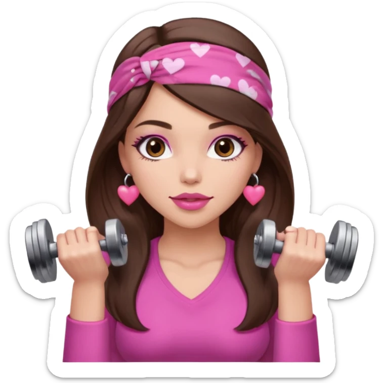 Pink and clothes emoji, inspired with brunette hair, brown eyes, long hair, heart shape lips and pink make up  and pink nails, mauve pink blush and a chocolate brown bandana lifting dumbbells sticker