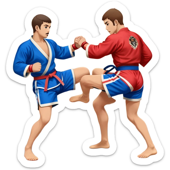 Two Sambo fighters in blue and red kimonos, with shorts and wrestling shoes, performing grappling and throwing techniques. The background shows a wrestling mat and an intense, focused atmosphere. Transparent background highlights the fluidity and skill of the sport without strikes. sticker