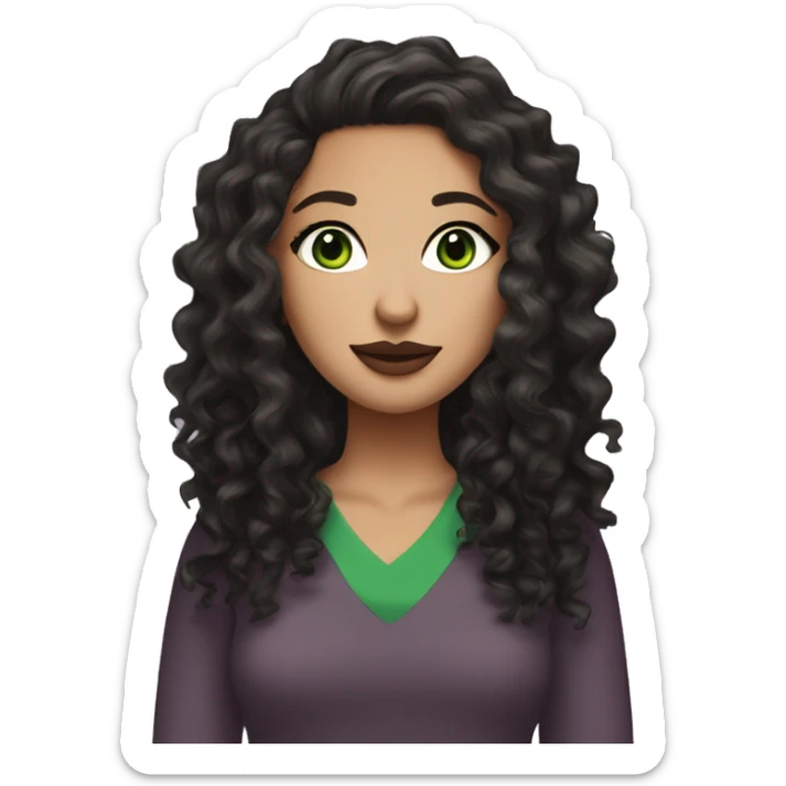 Create an emoji-style character of a white girl with green eyes, long black curly or wavy hair, wearing earrings. She has a green v-neck top, wears mascara, and is styled with mauve lipstick sticker