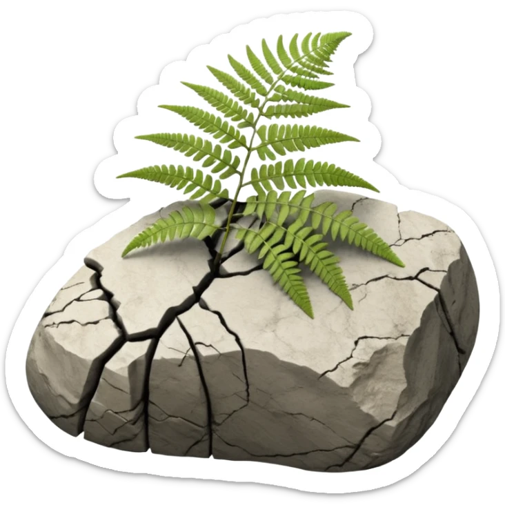 3D render of Fern Imprint, embedded in a chunk of rough sedimentary rock, cracked stone texture, ancient fossil aesthetic, black carbon imprint on a white limestone rock, matte dry finish, Apple emoji style, isolated on white background --v 6.0 sticker