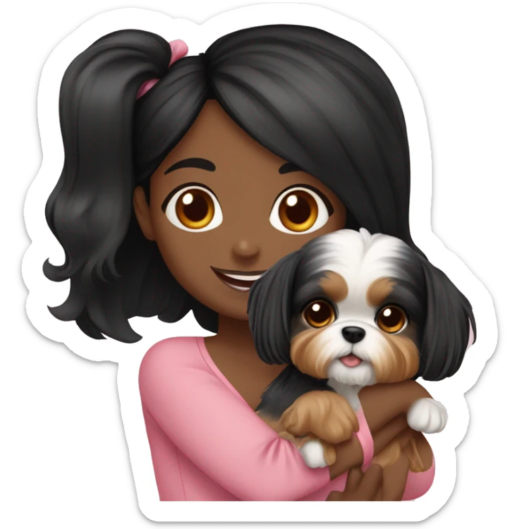 Black hair girl holding a Yorkie Shih Tzu puppy￼ sticker