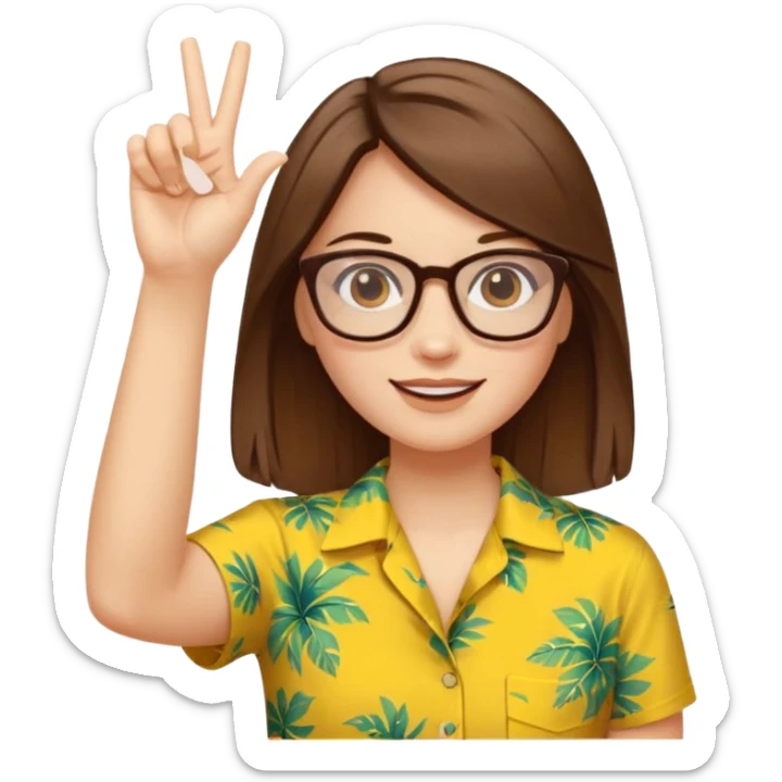 Hawaii female with white skin. Shoulder length straight brown hair. Brown eyes with glasses. Female wearing yellow Hawaiian print shirt. Women is making a hang loose sign with her left hand sticker