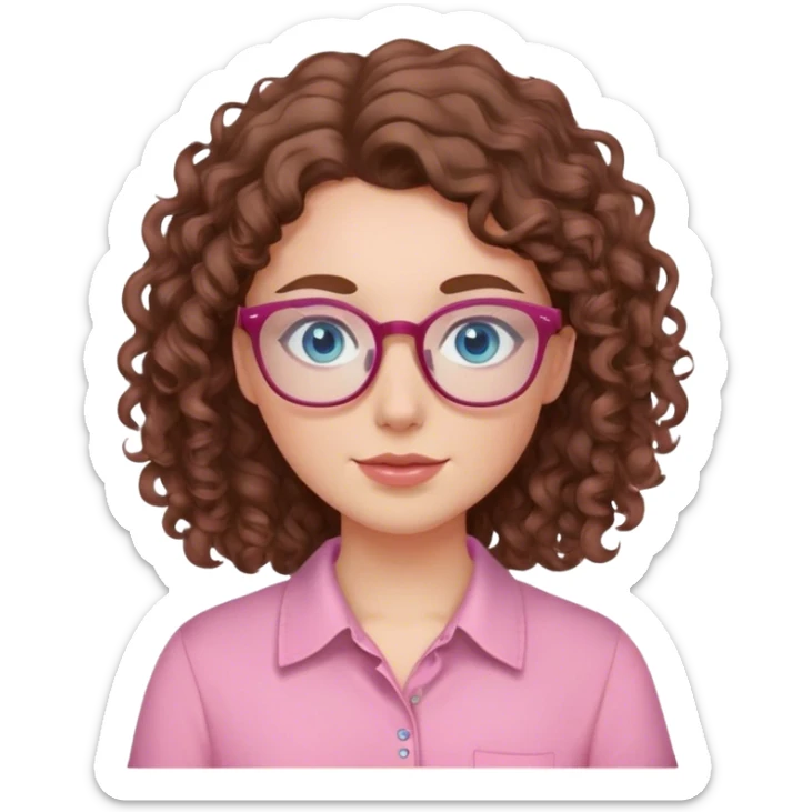 White girl with blue eyes and brown curly hair pink shirt glasses and blush sticker