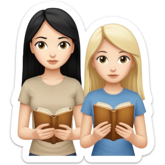 beautiful white girl with black hair in beige t-shirt and beautiful blonde with long hair in beige t-shirt reading beautiful vintage book sticker