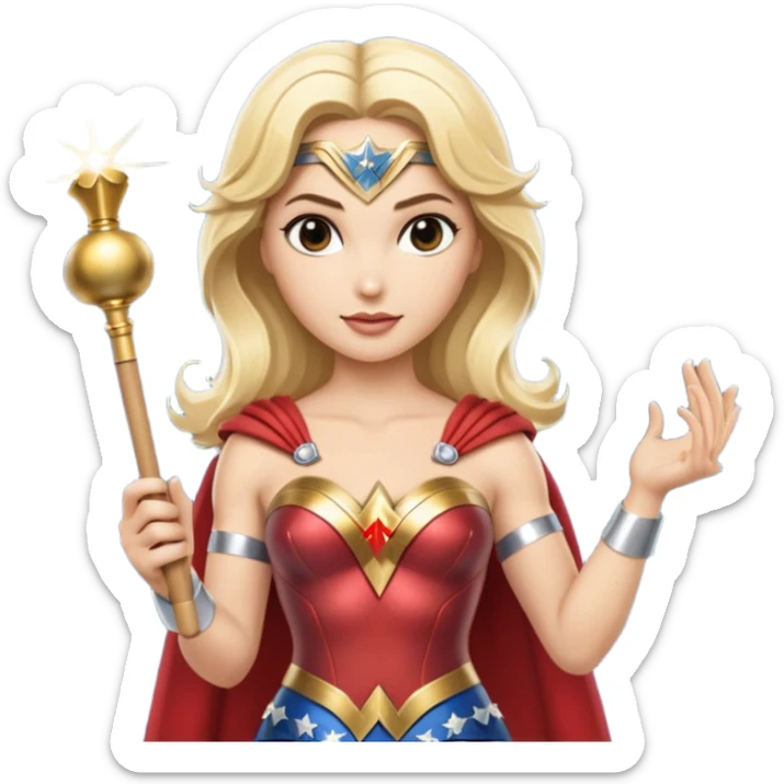 Blonde Wonder Woman holding short white orchestra conductor’s baton and bell sticker