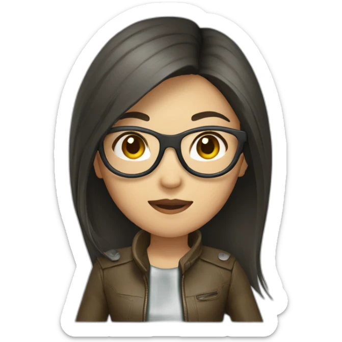 asian girl with glasses and a leather jacket with a  khaki shirt and long dark hair sticker