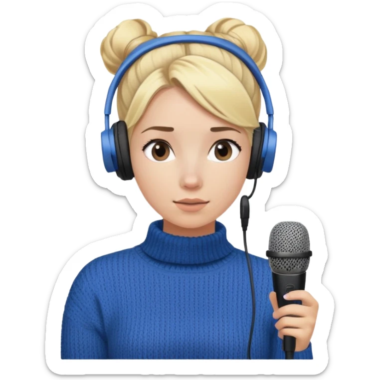 a girl with blue knitwear with a blonde hair
bun and her job is a podcaster (condenser microphone in front of her face and a headphone in her head) sticker