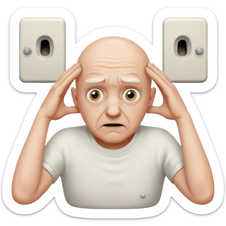 A bald person who’s very old is staring, he’s inside a toilet and his head is upright and looking at the camera with very wide eyes and his hands are putting pressure on his head, very scared expression sticker