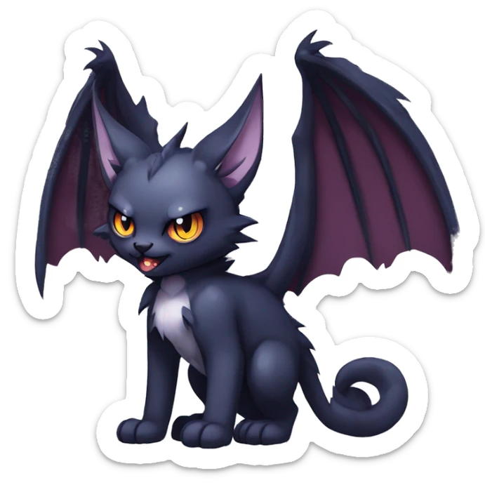   cool edgy beautiful fantasy anime-style dark animal vampiric Nargacuga-cat-hybrid Fakemon with big fangs and bat-wing-ears full body sticker