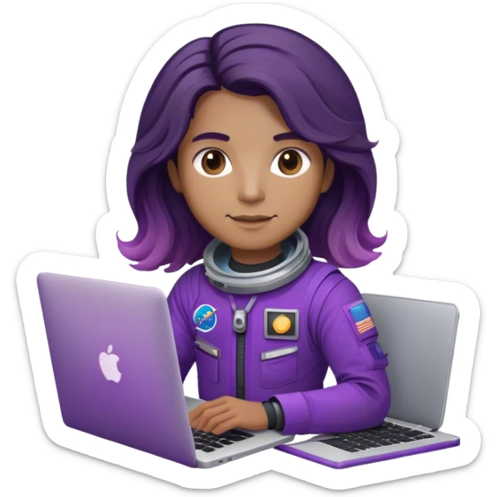 astronaut with purple suit, long ombre black/brown wavy hair and a macbook sticker