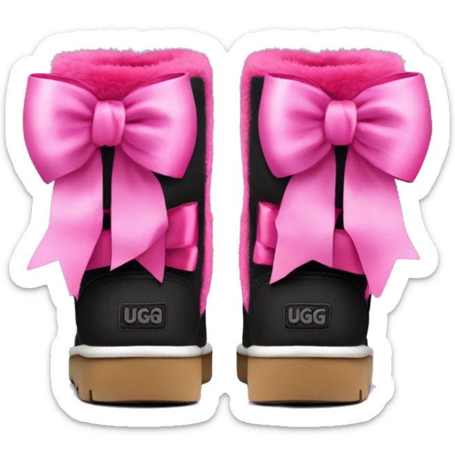 Pair of black and hot pink Ugg fur boots laced up with pink silk ribbon bows. sticker