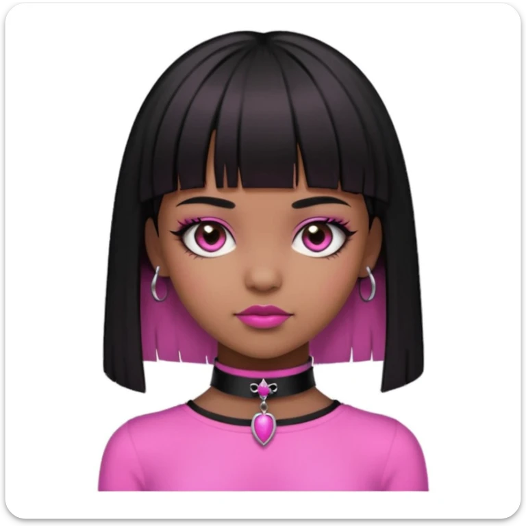 brown skin, straight hair with the ends curved upwards, bangs above the eyebrow, dark brown eyes, girl, half gothic and pink style   sticker