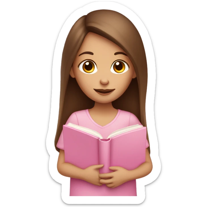 fair-skinned woman with long and straight brown hair holding a baby-pink-colored book sticker