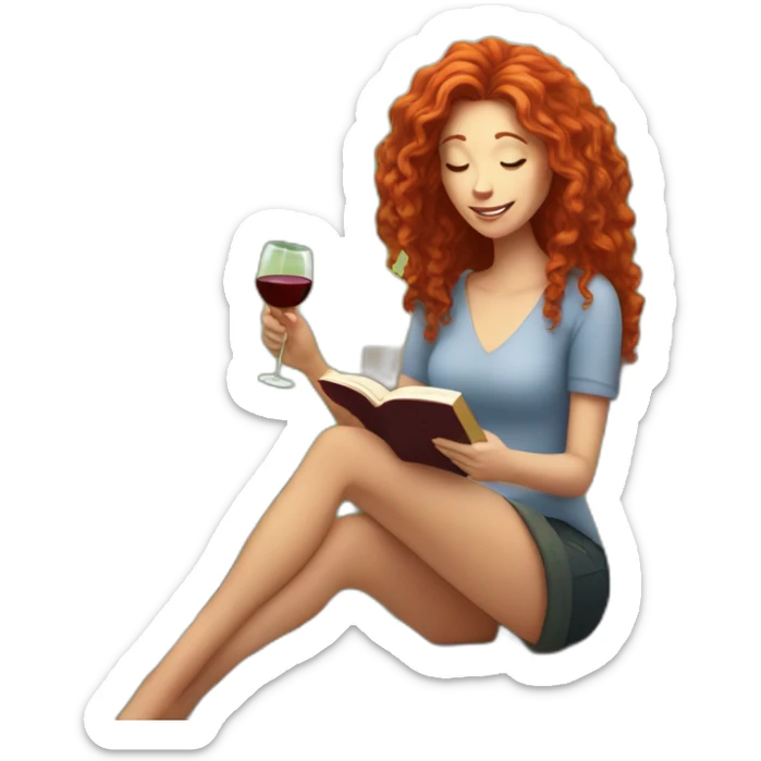 White woman with long curly red hair reading a book with a glass of wine in a park sticker