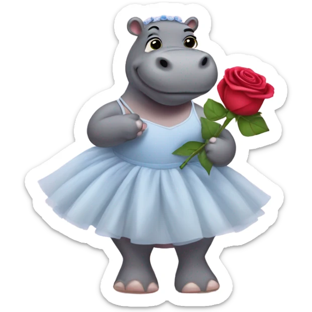 The hippopotama wears a ballet dress and holds a rose in his hand. sticker