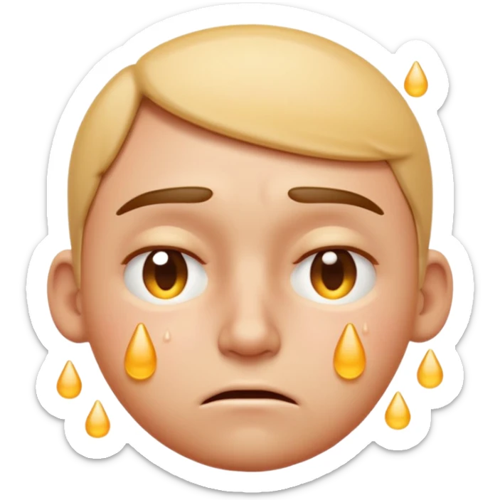 Apple-style emoji illustration of a person, overheated face with sweat drops, expression annoyed, half-closed exhausted eyes, soft 3D emoji style, smooth gradients, rounded shapes, simple expression, centered composition. sticker