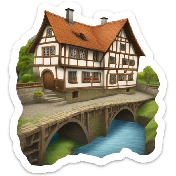 Fachwerkhäuser straßburg mit vielen sichtbaren holzbalken und einem Fluss davor  sticker