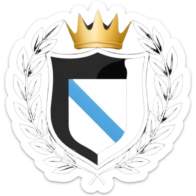 Es un escudo con forma clásica de heráldica, dividido en cinco franjas verticales alternadas en negro y blanco. En la parte superior tiene las siglas “GYE” y en la parte inferior el año “1908”. El diseño es simple, simétrico y con colores tradicionales blanco y negro. sticker